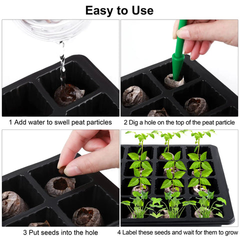 4 Pack 24 Cell Seed Starter Tray Kit With Humidity Dome And Base For Indoor Or Outdoor Plant Germination Includes Peat Pellets Plant Labels And Tools Black