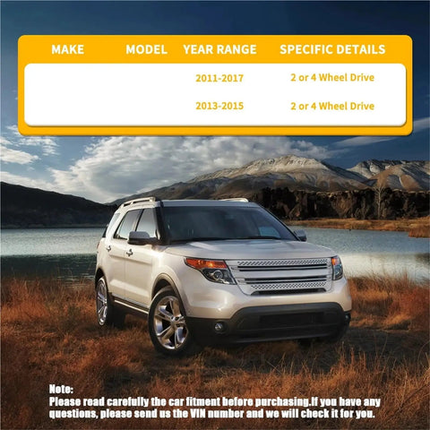 Ford Explorer 2011-2017 shown in a mountainous setting with a table listing model years for 2 or 4 wheel drive suitability.