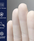 Top Tier Disposable Latex Exam Gloves 6 Mil Thick Powder Free Built With A Tacky Textured Grip For Serious Dexterity And Snug Comfort Medical Clinic Or Job Site Ready Pack Of One Hundred Large White, close-up of fingers wearing gloves.