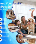 Family with dog and child playing, with icons showing features of Large Wall Cord Hider For 3 To 4 Cables With Snap On Design.