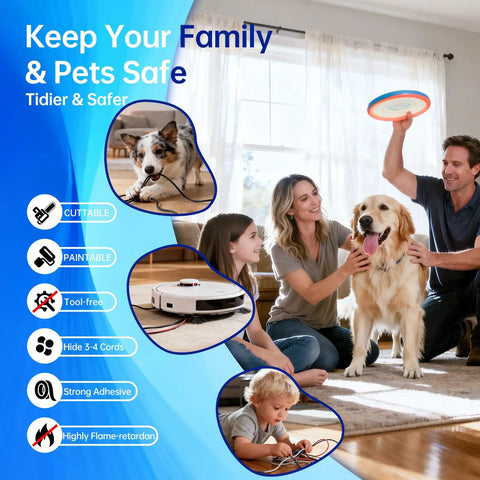 Family with dog and child playing, with icons showing features of Large Wall Cord Hider For 3 To 4 Cables With Snap On Design.
