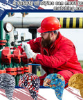 4 Pack Flame Resistant Welding Caps For Men And Women, various patterns, shown with worker at industrial site, gas station pro helmet