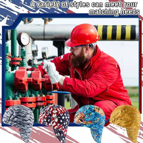 4 Pack Flame Resistant Welding Caps For Men And Women, various patterns, shown with worker at industrial site, gas station pro helmet