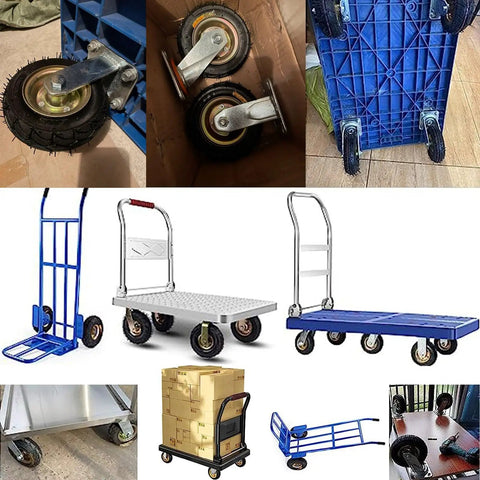 Built Tough Heavy Duty Pneumatic Swivel Caster Set Four Pack Premium Natural Rubber Wheels With Shock Absorption For Warehouse Carts Smooth Glide and Serious Grunt Power on utility carts.