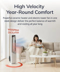 All Season Hybrid Oscillating Fan And Space Heater For Home Use With Remote Control Timer Thermostat Tip Over Switch 1500W Ceramic Heater And High Velocity Tower Fan 37.5 Inches White in living room setting