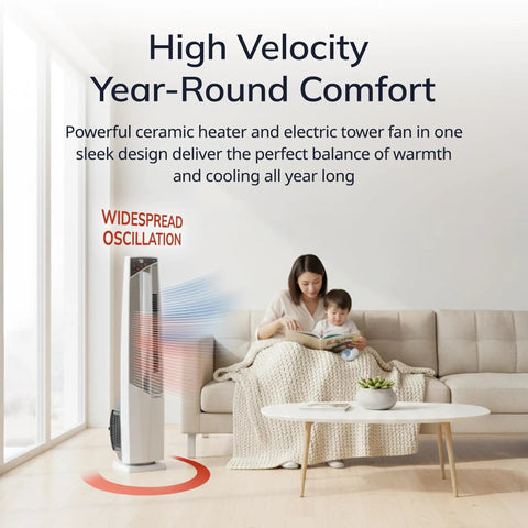 All Season Hybrid Oscillating Fan And Space Heater For Home Use With Remote Control Timer Thermostat Tip Over Switch 1500W Ceramic Heater And High Velocity Tower Fan 37.5 Inches White in living room setting