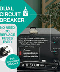 Heavy Duty 2000W Step Up Down Voltage Converter With Toroidal Transformer, showing dual circuit breaker and grounded cord