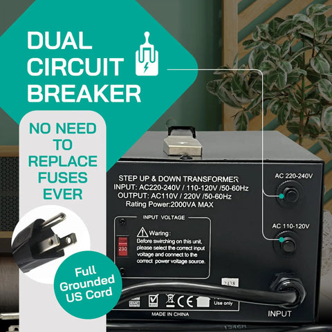 Heavy Duty 2000W Step Up Down Voltage Converter With Toroidal Transformer, showing dual circuit breaker and grounded cord