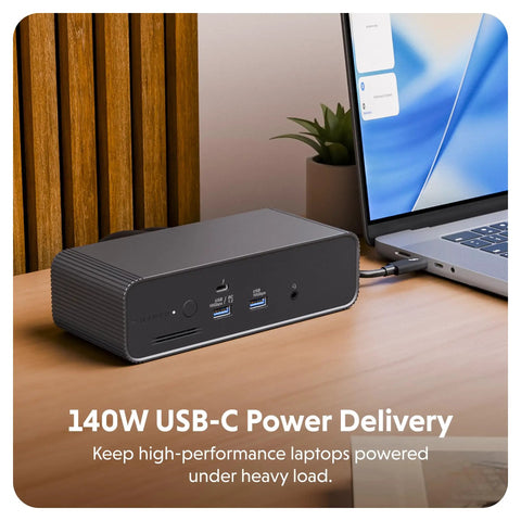 Badass Thunderbolt 5 Dock With Built In Ssd Enclosure, 120Gbps Desktop Hub For Mac And Pc, triple 4K output, seen next to a laptop.