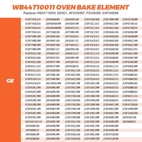 Compatibility chart for Oven Bake Element WB44T10011 Replacement For Kenmore GE Ovens Bottom Heating Element