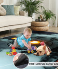 Locomotive Train Rug 2x3 Foot Indoor Non Slip Washable Carpet for Living Room with child and dog on soft flannel surface