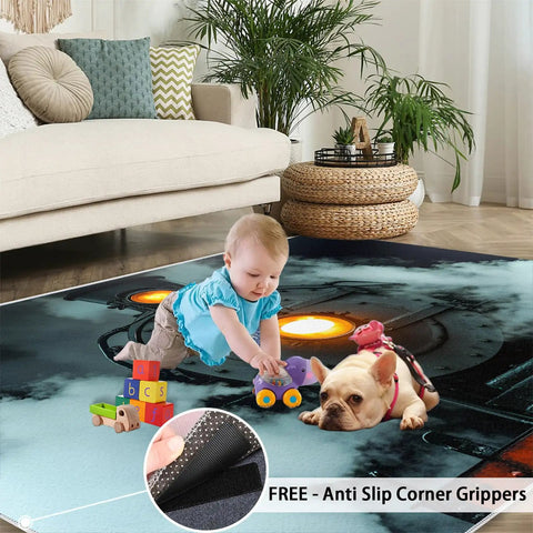Locomotive Train Rug 2x3 Foot Indoor Non Slip Washable Carpet for Living Room with child and dog on soft flannel surface