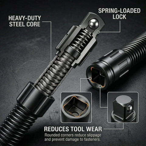 One Half Inch Flexible Shaft Extension For Tight Spots, 360 Degree Flex Reach Socket Ratchet Wrench Connecting Rod with spring-loaded lock