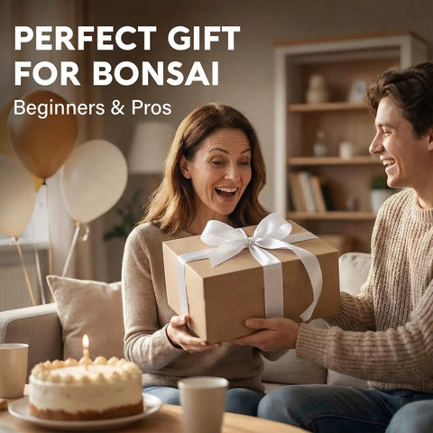 Woman receiving Bonsai Starter Kit For Growing Jacaranda Tree With Seeds, Tools, And Planter, smiling indoors with balloons.