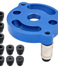 Right On Track Self Centering Dowel Jig Kit With Multiple Size Drill Bushings For Flawless Wood Joinery and Precise Hole Placement showing blue aluminum jig and black bushings