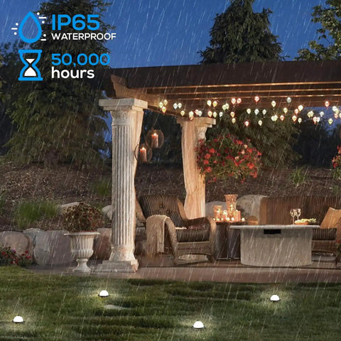 Outdoor garden with 12 Pack Low Voltage LED Pathway Lights For Outdoor Landscape, 12V 24V Well Lights, IP65 Waterproof Cast Aluminum lit during rain