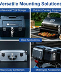 Versatile applications of Beefy Toggle Clamp Kit 304 Stainless Steel on tool storage, grills, containers, and motorcycle accessories.