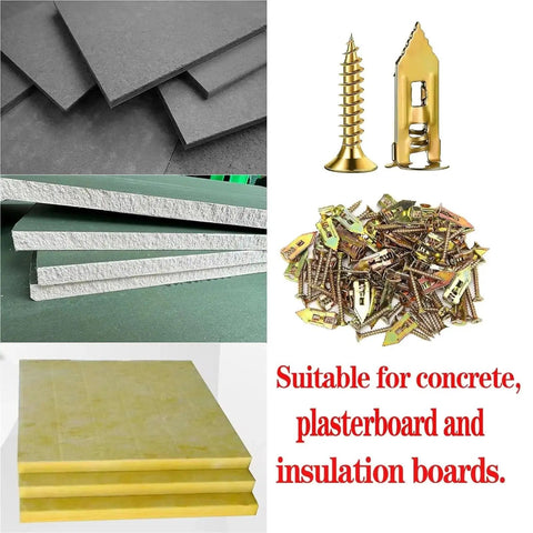 Self-Drilling Drywall Anchors With Screws Kit, 100Pcs 12x40mm Wall Dowel Expansion Bolts, Easy No-Prep Install, Heavy-Duty Yellow Zinc Plated Carbon Steel For Secure Wall Mounts shown with drywall and screws