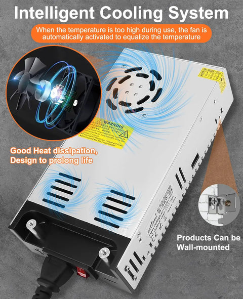 Side view of 24V 360W DC Power Supply Universal 110V AC to DC 24V 15A Converter with aluminum alloy shell showing cooling system.