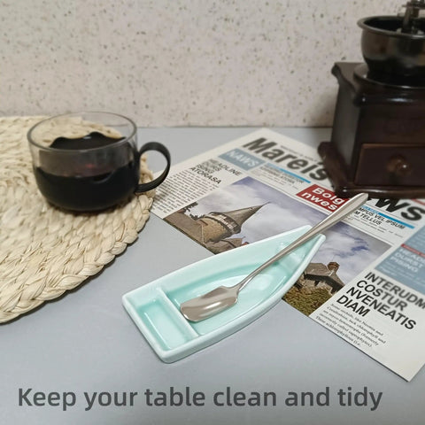 Boat Shaped Coffee Spoon Rest With Turquoise Accent And Matching Mini Spoon Cute Dope Coffee Bar Accessory For Your Coffee Station Or Tea Setup Holds Teaspoon Keeps Counter Clean 1 Piece