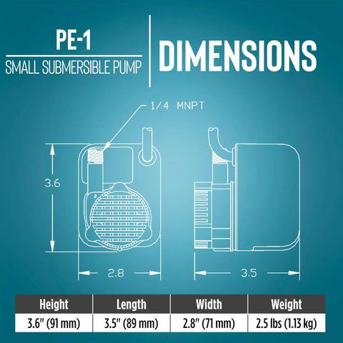 Compact Submersible Pump Epoxy Encapsulated Direct Drive 115 Volt 0.008 HP 170 GPH dimensions diagram