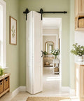 Premium Three Panel Bifold Barn Door With Heavy Duty Sliding Hardware Set, featuring smooth operation in modern kitchen.