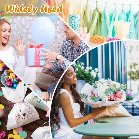 Collage showing 200 sheets tissue paper in 20 colors 14 by 20 inches for gift bags birthday party flower decor bulk pack