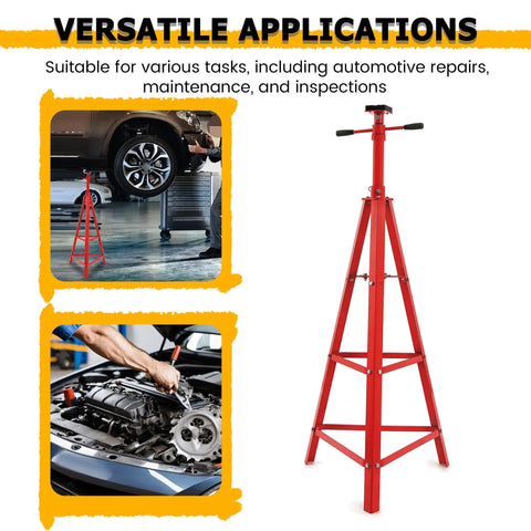 Rugged Adjustable Under Hoist Tripod Stand Built Like A Tank With Heavy Duty Steel And Quick Screw Adjustment For High Lift 2 Ton Automotive Shop Support in red with various automotive uses.