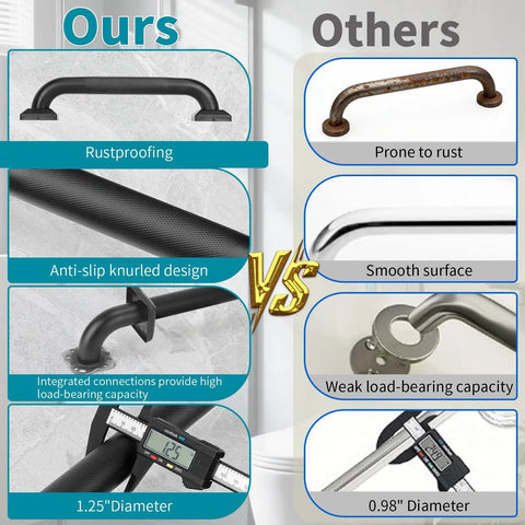 Comparison of Rock Solid 12 Inch Square Shower Grab Bar in Matte Black with Killer Knurled Grip to inferior rusted options