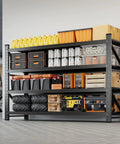71 Inch Wide Monster Grade Heavy Duty Garage Storage Shelves With 5000 Lbs Capacity, 4 Adjustable Steel Shelves, Utility Rack For Basement, Warehouse, And Industrial Uses, Rugged Metal Organization Unit loaded with garage supplies