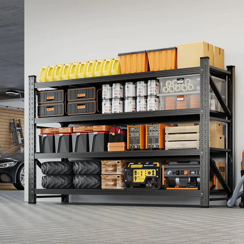 71 Inch Wide Monster Grade Heavy Duty Garage Storage Shelves With 5000 Lbs Capacity, 4 Adjustable Steel Shelves, Utility Rack For Basement, Warehouse, And Industrial Uses, Rugged Metal Organization Unit loaded with garage supplies