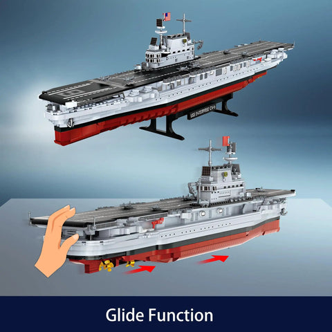 USS Enterprise Aircraft Battleship Building Set With 1883 Pieces 30 Inch Long Model on display stand showing glide function