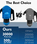 Comparison of two lever drum pumps showing performance stats: 500ml per stroke vs 300ml, 30000 vs 20000 press test cycles.