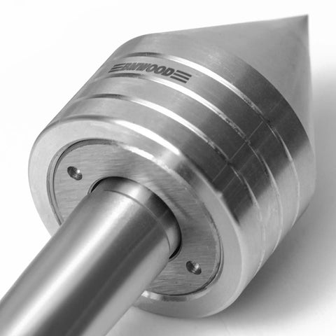 Close-up of Wood Lathe MT2 Centers Set With Live Center Five Eighths Inch Diameter And Four Pronged Drive Center One Inch Diameter
