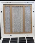 Open view of the sturdy 24 by 24 inch steel return air grille with 1 inch filter slot, easy removable face and stamped front
