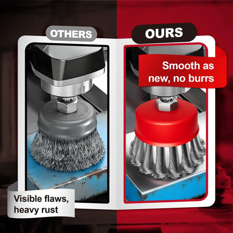 Comparison of angle grinder wire wheels on metal: twelve pack angle grinder wire wheel set 3 inch and 4 inch brushes for five eighths inch arbor rust removal and metal surface prep heavy duty knotted wire attachments for fast grinding shows smooth result, no burrs, rust-free surface.