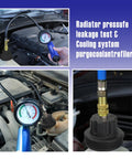 Universal Cooling System Pressure Tester Kit And Radiator Vacuum Refill Set With 18 Pro Shop Color Coded Adapters in use on car engine.