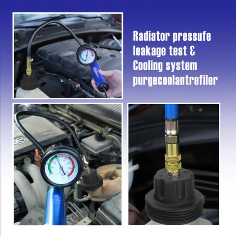 Universal Cooling System Pressure Tester Kit And Radiator Vacuum Refill Set With 18 Pro Shop Color Coded Adapters in use on car engine.