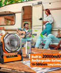 All Day Camping Fan With 20000mAh Battery, 58 Hour Run Time, Rechargeable Portable Fan And 400 Lumens Light on outdoor table
