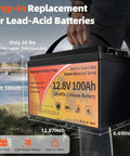 12V 100Ah LiFePO4 Battery With Smart 100A BMS 15000 Plus Deep Cycles 10 Year Lifespan shown outdoors with dimensions