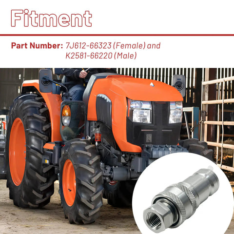 No Nonsense Direct Replacement 7J612-66323 And K2581-66220 Hydraulic Quick Coupler Set with Tractor in Background