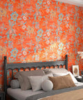 Bedroom with Vintage Floral Peel And Stick Wallpaper Dope Vibe In Bold Orange Red Watercolor Self Adhesive, 21x200 inches.