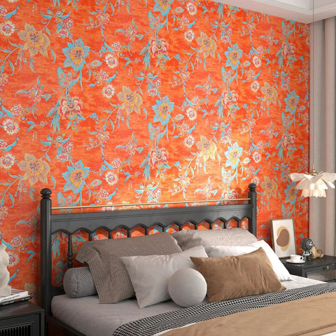 Bedroom with Vintage Floral Peel And Stick Wallpaper Dope Vibe In Bold Orange Red Watercolor Self Adhesive, 21x200 inches.