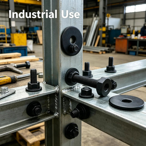 50 Pcs Quarter Inch Fender Washer Black Zinc Plated 1 Inch OD Flat Washers in use on metal beams, showcasing industrial application.