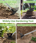 2 In 1 Garden Hoe And Cultivator Weeding Rake With Long Handle 6 Tine Heavy Duty Hand Weeder in use for various gardening tasks
