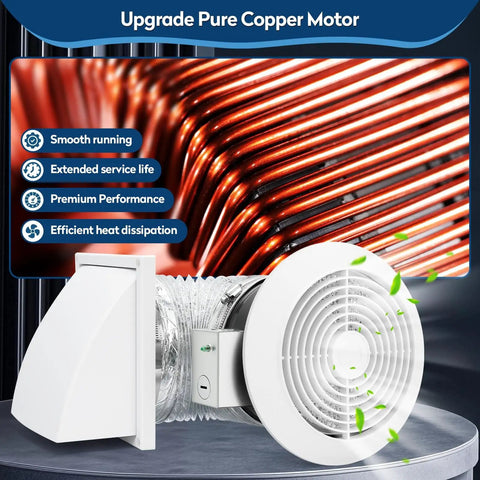 Through The Wall Exhaust Fan With White Grille, 6 Inch Duct, Pulls 80 CFM Of Fresh Air, 4.0 Sone Quiet Operation, Includes 16 Inch Retractable Duct for easy installation, featuring smooth running copper motor.