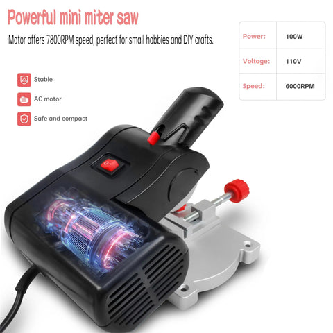 110V Mini Cut Off Chop Saw For Wood And Plastics, Tiny Table Miter Saw Tool shown with 12mm depth and 0-45 degree bevel
