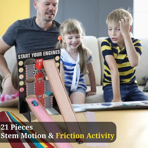 Family using Hands On Motion And Friction STEM Kit For Kids Ages 5 To 12, 21 Piece Physics And Engineering Set with wooden ramp.
