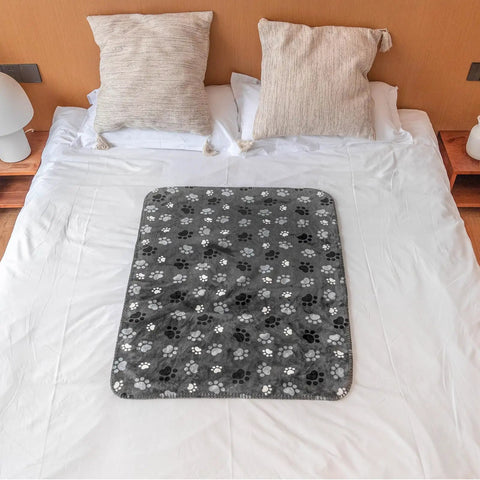Waterproof Pet Blanket For Dogs And Cats With Pattern Print on bed, 40x30 inch, cozy Sherpa side up, urine proof, sofa protector