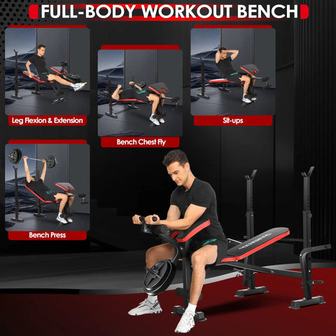 Man using 900 Lb All In One Weight Bench Set With Squat Rack Adjustable Bench Leg Developer Preacher Curl Rack And Multi Press Stations.